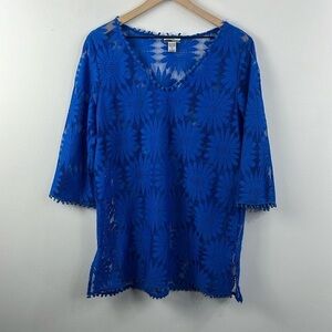 Mirror Image Royal Blue Sheer Mesh Floral Beach Coverup Top Womens Size XL